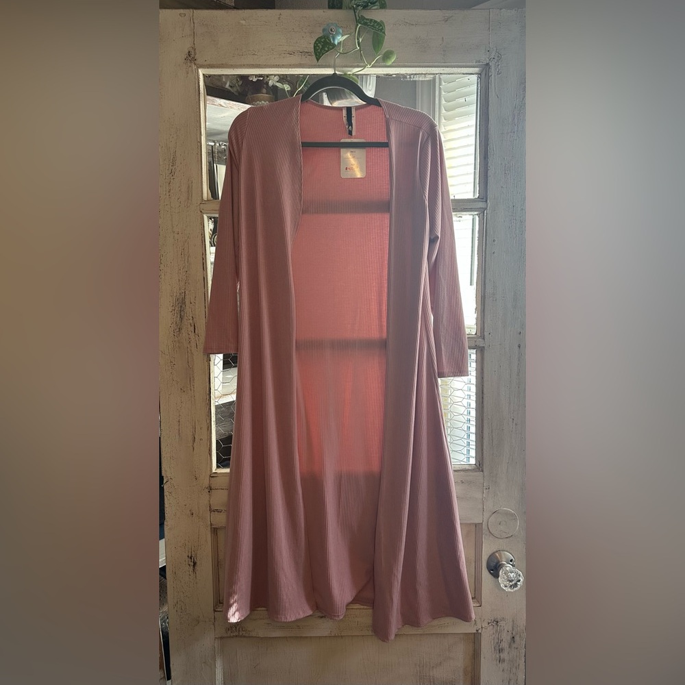 Ribbed Pink Open Cardigan Duster